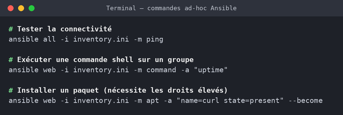 Terminal : commandes ad-hoc Ansible