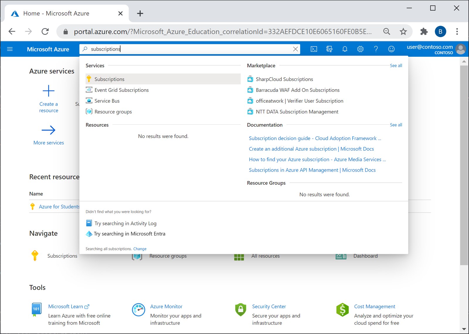 Recherche « Subscriptions » dans le portail Azure