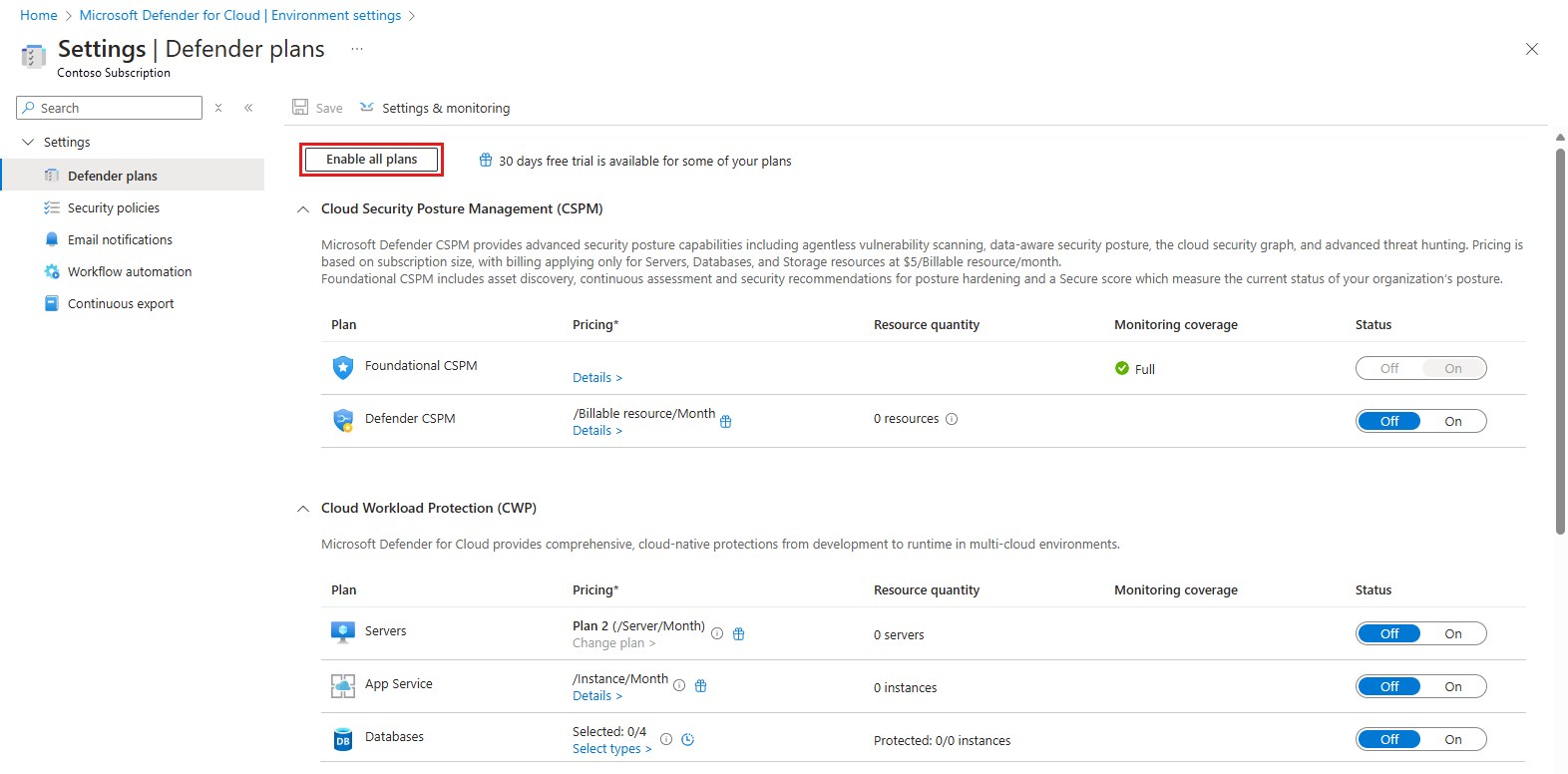 Page des plans Defender avec le bouton Enable all plans