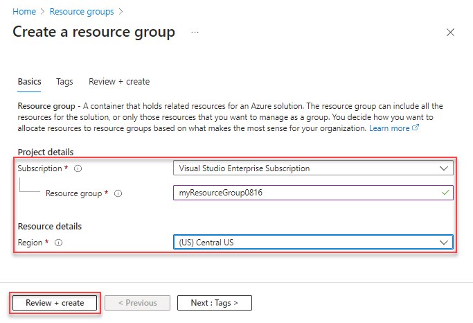 Formulaire de création d'un groupe de ressources