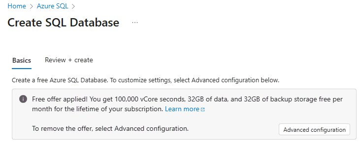 Création d'une base Azure SQL avec le bandeau Free offer applied