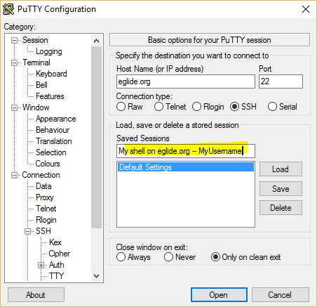 Fenêtre de configuration PuTTY, panneau Session, avec le type de connexion SSH sélectionné