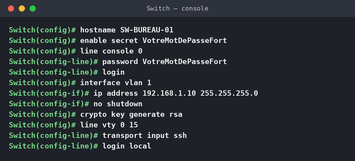 Console Cisco : séquence de configuration de base