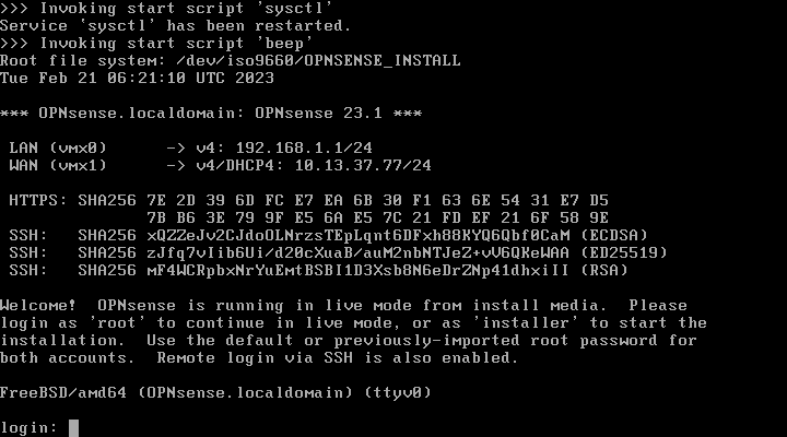 Console OPNsense au démarrage sur le support d'installation