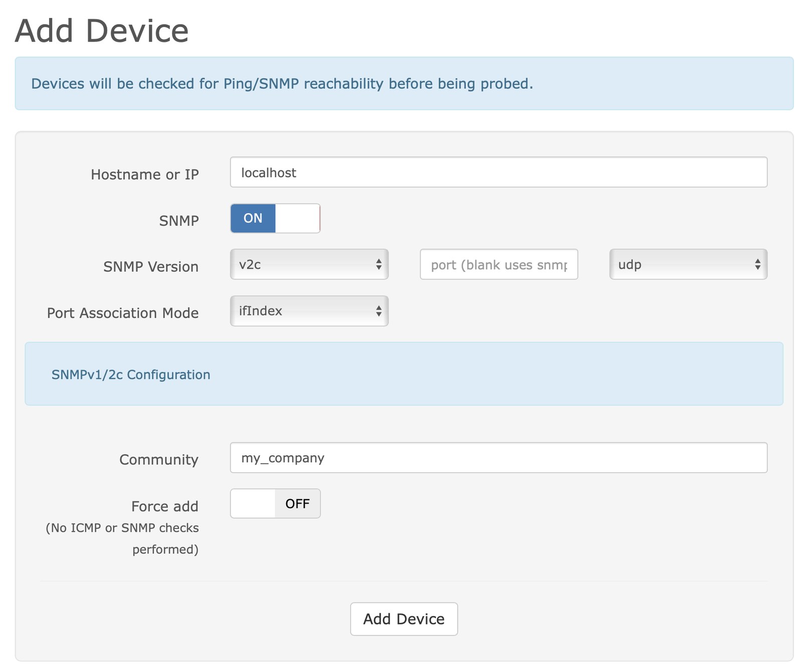 Formulaire Add Device de LibreNMS : hostname, SNMP activé, version, mode d'association des ports