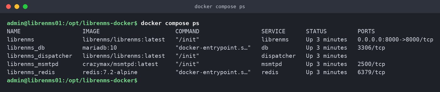 Sortie de docker compose ps : conteneurs librenms, librenms_db, librenms_dispatcher, librenms_msmtpd et librenms_redis en état Up