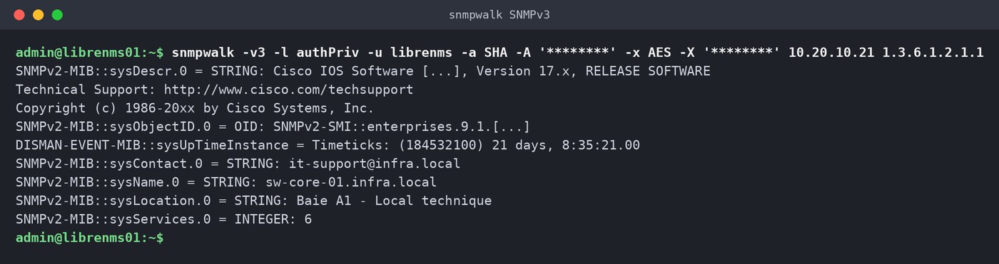 Sortie de snmpwalk SNMPv3 : sysDescr, sysObjectID, sysUpTime, sysContact, sysName et sysLocation d'un switch Cisco