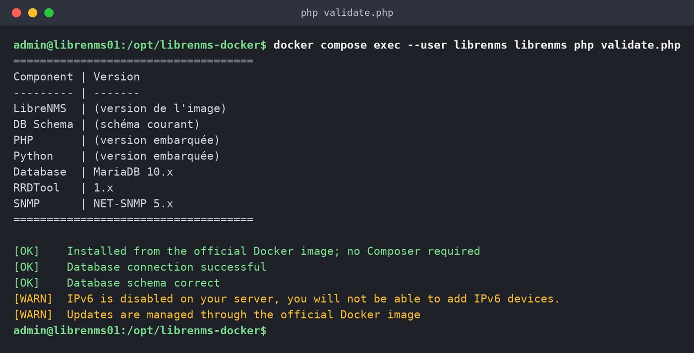 Sortie de validate.php : connexion base de données OK, schéma correct, avertissement IPv6