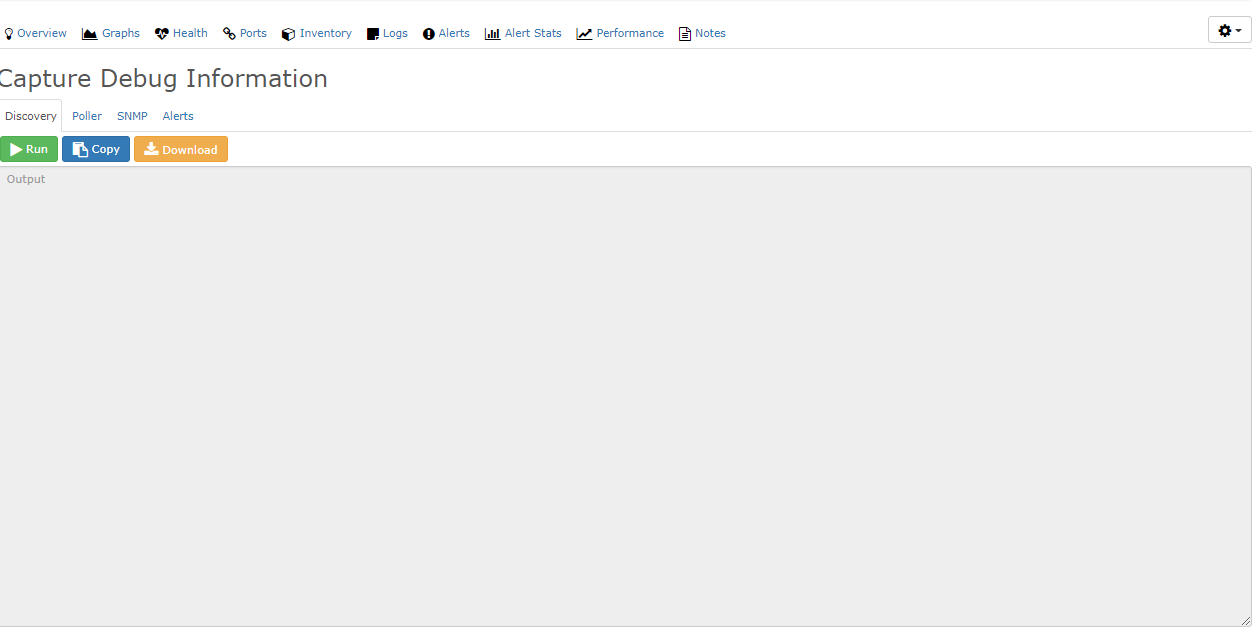 Onglet Capture Debug Information d'un équipement LibreNMS : boutons Run, Copy, Download pour Discovery, Poller, SNMP et Alerts