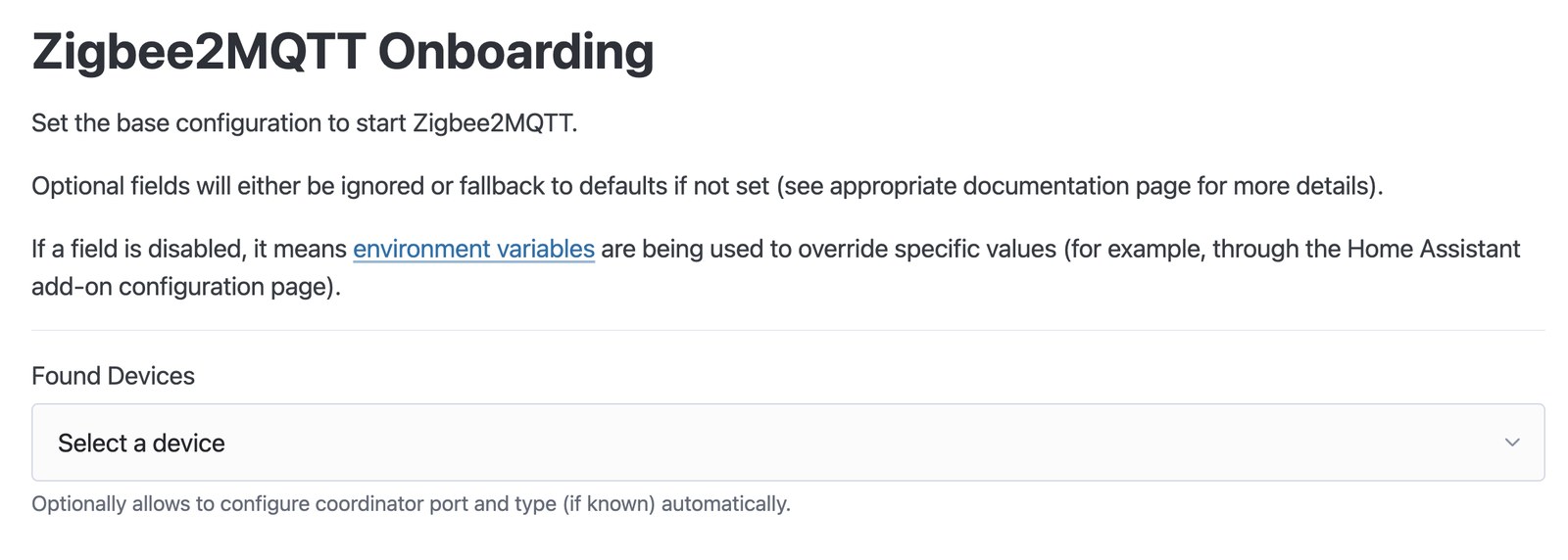 Écran d'onboarding de Zigbee2MQTT